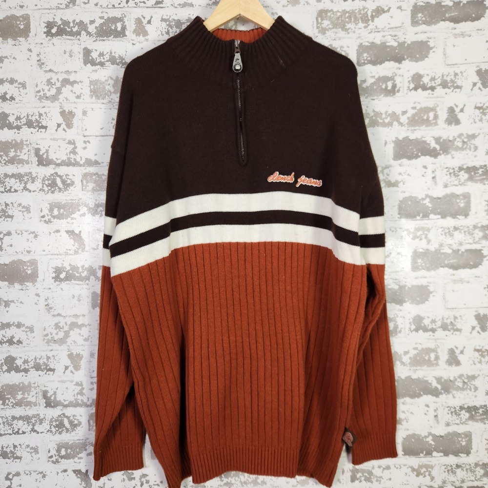 Vintage Clench Jeans Co Sweater 3XL Men Brown White Hip Hop Baggy Y2K Streetwear